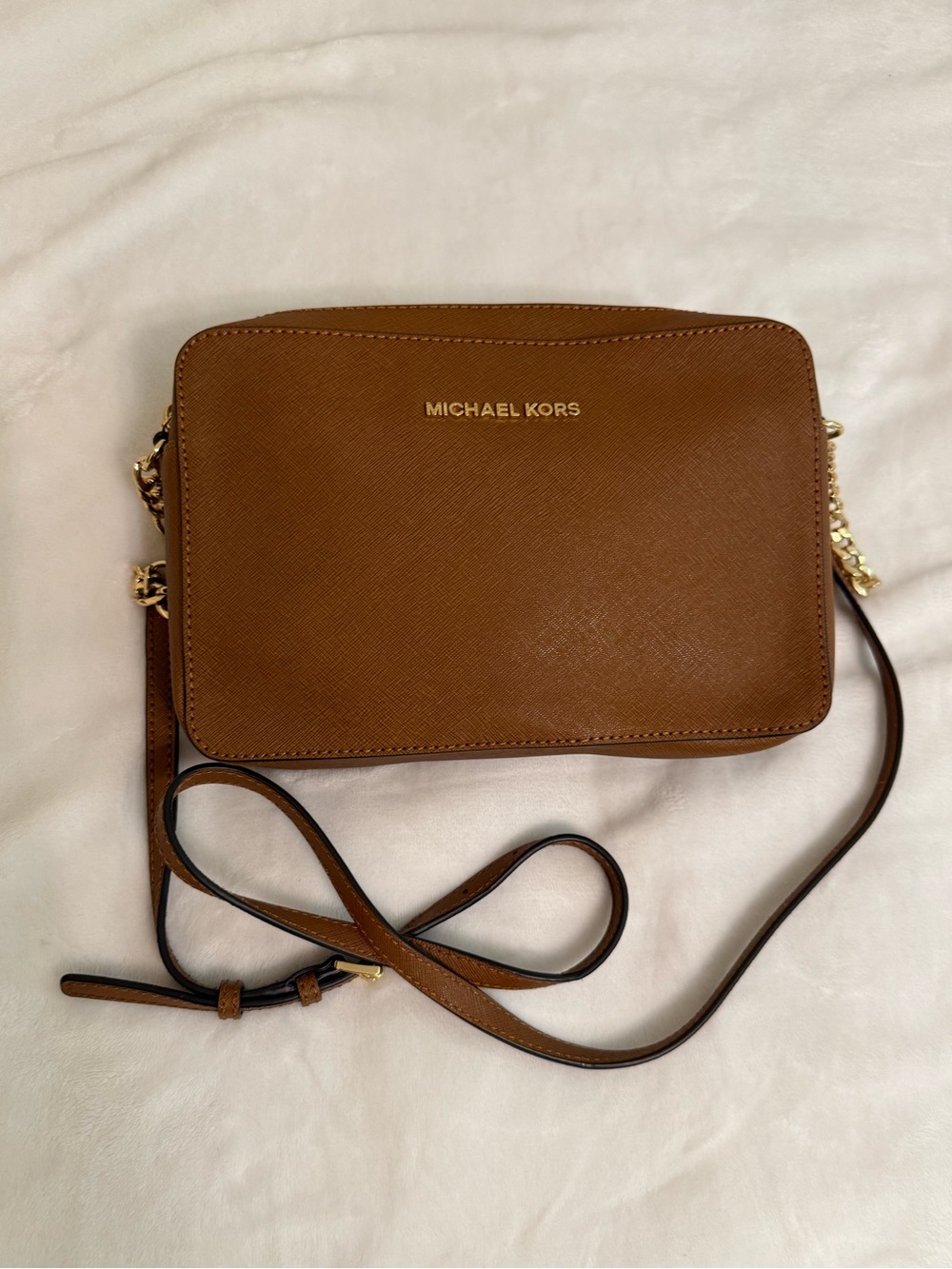 Michael Kors Brown Saffiano Leather Crossbody Bag with Gold Hardware
